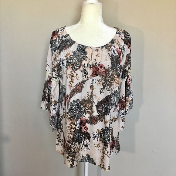 Naif Womens Medium Beige Floral Blouse Top Boho Wide Arm Paisley Floral Print - Picture 1 of 12